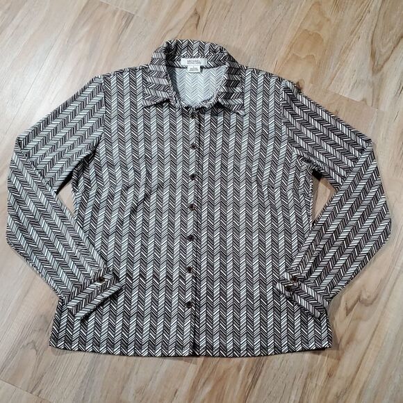 🔹️Michael Kors Brown Chevron Buttoned Long Sleeve Top Large - Picture 1 of 10
